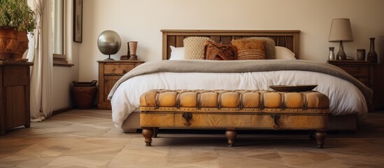 Wall Mural - There is a bed with a wooden headboard and foot board