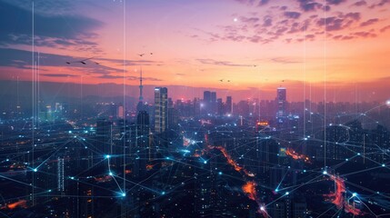 Wall Mural - Smart city with connecting network and internet of things digital graphics over the skyline AIG41