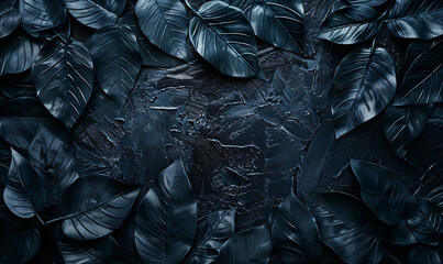 Wall Mural - Dark blue leaves with water droplets texture background