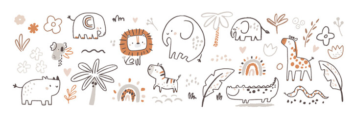 Cute baby safari jungle animals, design elements and plants isolated white background. Hand drawn childish safari elephant, zebra, lion, koala, giraffe, palm and flower. Vector collection pastel color