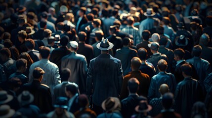 Wall Mural - Detective Standing Out Crowd Concept with Eye Contact