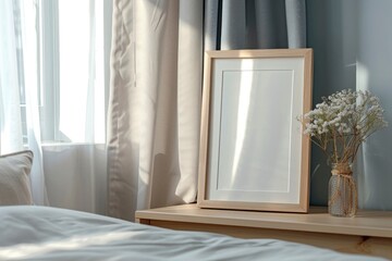 Wall Mural - Morning light filters through sheer curtains, casting a soft glow on a cozy bedroom featuring a blank framed photo, white flowers, and tranquil decor