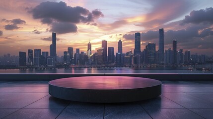 Poster - Enhance your product showcase with an Ultra Modern Matte Black Podium set against a Dynamic Urban Skyline Background.