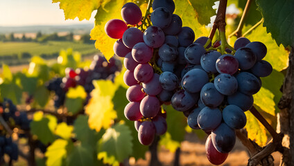 Poster - fresh grapes on a vineyard branch