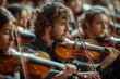 A young male violinist deeply immersed in an orchestra performance, demonstrating skill and focus