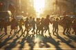 A wide-angle rear view captures a diverse group of children holding hands and running across a bustling urban street as the setting sun casts a warm glow