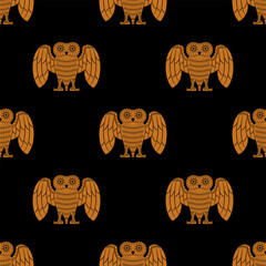 Wall Mural - Seamless ethnic animal pattern with stylized standing owls with open wings. Ancient Greek vase painting style. Orange silhouettes on black background.