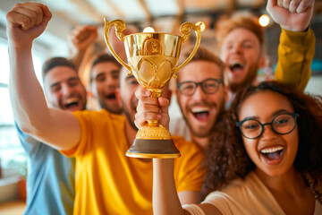 group of people holding a gold trophy, cheering for their favorite team