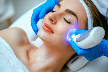 High angle view of beautiful young woman having Radio frequency skin tightening treatment in beauty clinic