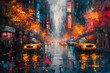 Abstract art - painting of a city with yellow cabs