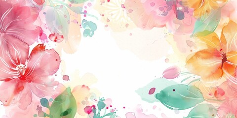 Wall Mural - watercolor floral background white space in the center of composition, bright colors delicate brushstrokes Generative AI
