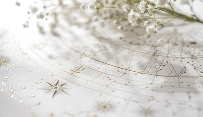 Wall Mural - A closeup of an astrology chart, with delicate flowers placed on the edges. The background is white paper and lines from details such as sun signs are drawn in black ink, mysterious atmosphere
