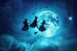 Three witches soar through the night sky against a backdrop of a full moon, creating a mystical and enchanting scene, Witches flying in the sky on their broomsticks against a full moon, AI Generated