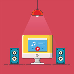 Wall Mural - flat design vector illustration of modern office interior with designer desktop showing design appli