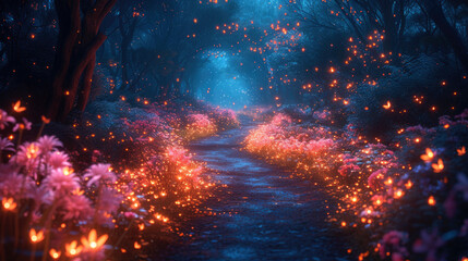 Wall Mural - Fairy tale forest with luminous flowers, path in dark magical woods, glowing neon plants and lights in wonderland. Concept of fantasy world, nature