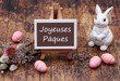 Carte de Pâques Joyeuses Pâques. Lapin de Pâques avec œufs de Pâques et texte Joyeuses Pâques sur un chevalet.