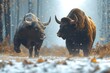 Two bison standing close to each other in the forest, showcasing their powerful presence and natural behavior, A bull and a bear representing the stock market trends, AI Generated