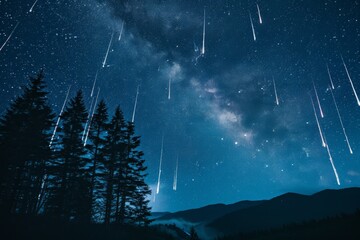 Canvas Print - A photo capturing the beauty of a night sky adorned with numerous stars and shooting stars, A cascade of bright meteors against a starry night sky, AI Generated