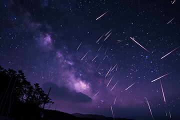 Canvas Print - The night sky is filled with numerous stars, illuminating the darkness with their brilliance, A cascade of bright meteors against a starry night sky, AI Generated