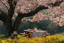 A Picnic Table Is Positioned Under A Blossoming Tree In A Field, Creating A Serene And Natural Setting, A Charming Countryside Picnic Spot Under A Sakura Blossom Tree, AI Generated