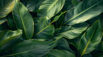  Tropical green leaves background, Flat lay, top view