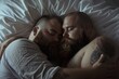 two cute portly and stocky with beard and buzz-cut hairstyle, cuddling each other, sleeping in a bed
