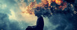 Creative man background. A person in contemplation with a head dissolving into a dramatic sky, symbolizing deep thought and the power of the mind. A surreal and artistic representation