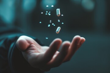 Wall Mural - A person holds out their hand filled with an abundance of pills, A distressed person reaching out for a floating opioid pill, AI Generated