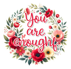 Wall Mural - Motivational Quote Sticker. Inspirational Sticker with Flower Wreath. Self Love Affirmation Sticker. Self Love Quote Sticker