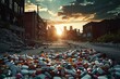 A concerning scene captures a pile of pills left unattended in the center of a busy street, A dramatic representation of the opioid epidemic sweeping across a city, AI Generated