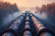 A train is seen traveling along train tracks that run alongside a dense forest, creating a captivating scene, A dreamy vision of pipelines enveloped in morning fog, AI Generated