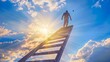 © Login - Go to success. A person climbing a ladder into a blue sunny sky. The concept of ambition and goal achievement. Illustration for cover, card, postcard, interior design, decor or print.