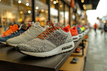 shoe store display highlights an array of footwear, athletic shoes and sneakers.