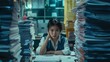 © Irina Ukrainets - Overwhelmed office worker surrounded by stacks of paper files. Feeling of work pressure and deadline stress in a corporate environment. Cinematic office scene capturing employee burnout. AI