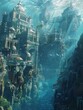 Craft a visually stunning image of an underwater city, illustrating the coexistence of futuristic architecture with the natural beauty of the ocean Emphasize the challenges faced by inhabitants and th