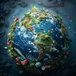 © panyawatt - Design a captivating image illustrating a frontal view of planet Earth as a sentient being, surrounded by diverse ecosystems Include elements symbolizing legal and moral rights, sparking thought and d