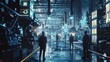 A futuristic technology concept showcasing a team of engineers in a digitalized heavy industry factory, embodying the digital twin and Industry 4.0 innovations