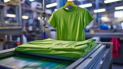 A green t-shirt positioned in a silk screen printing machine, prepped for the printing process, demonstrating the preparation stage in garment printing