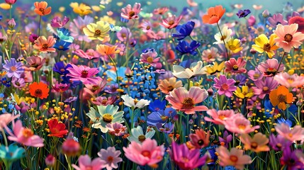 Canvas Print - Vibrant field of flowers in full bloom. a colorful display of spring. perfect for backgrounds and wallpapers. AI