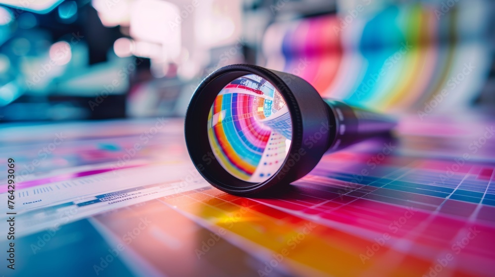A print loupe resting on an offset printed sheet, with basic color ...