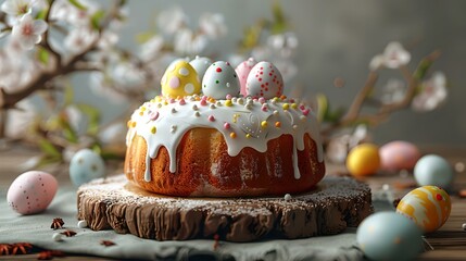 Poster - Easter celebration with homemade bundt cake adorned with colorful eggs and glaze. festive spring dessert presentation. perfect for holiday stock. AI