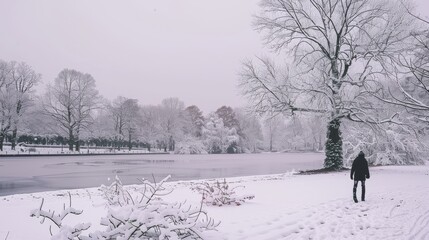 Wall Mural - a person standing in the snow next to a tree and a body of water with a lot of snow on it.