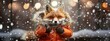 Anthropomorphic fox wearing a winter coat and crown amidst falling snow, creating a whimsical and fairy-tale atmosphere; Concept of fantasy, winter, and storytelling
