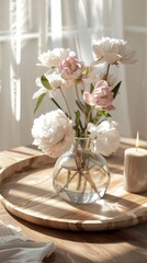 Wall Mural - A vase filled with white flowers sitting on top of a wooden table