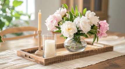 Sticker - A table with a vase of flowers and a candle