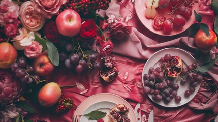 Canvas Print - A table topped with plates of fruit and flowers