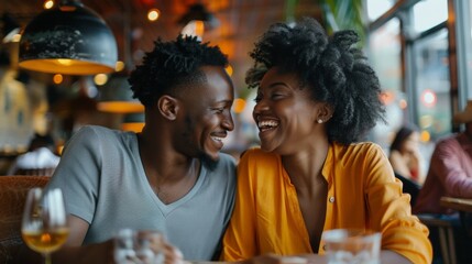 Poster - A man and a woman sitting at a table laughing