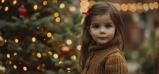 Poster - A little girl standing in front of a christmas tree