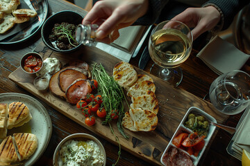 Wall Mural - Hand reaching for appetizers on table.