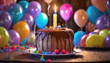 Fototapeta  - Um bolo de chocolate com cobertura e uma vela acesa, com balões coloridos ao fundo. Mesa decorada para festa.